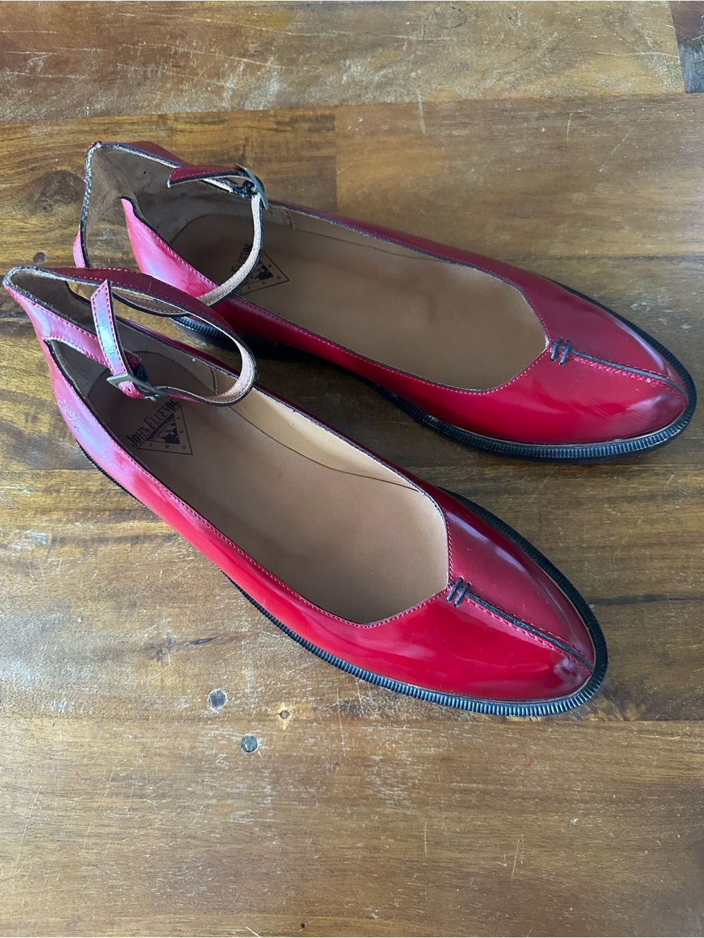 John Fluevog red pointed toe leather flats with ankle straps size 10.5